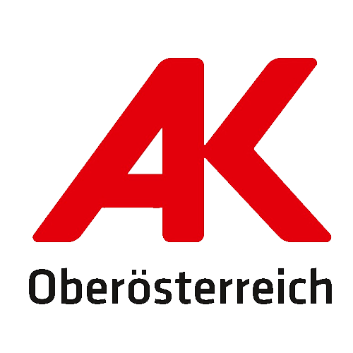 Logo der Arbeiterkammer Oberösterreich mit rotem „AK“ und schwarzem Schriftzug